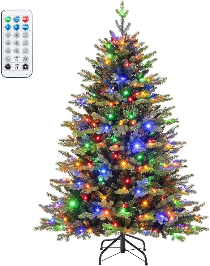 Happygrill 5 FT Pre-Lit Artificial Christmas Tree, Hinged Xmas Tree w/ 844 Branch Tips, 250 LED Lights, 11 Lighting Modes, 3 Auto Timers, 4-Level Brightness & Remote Control, Decoration Tree for Party