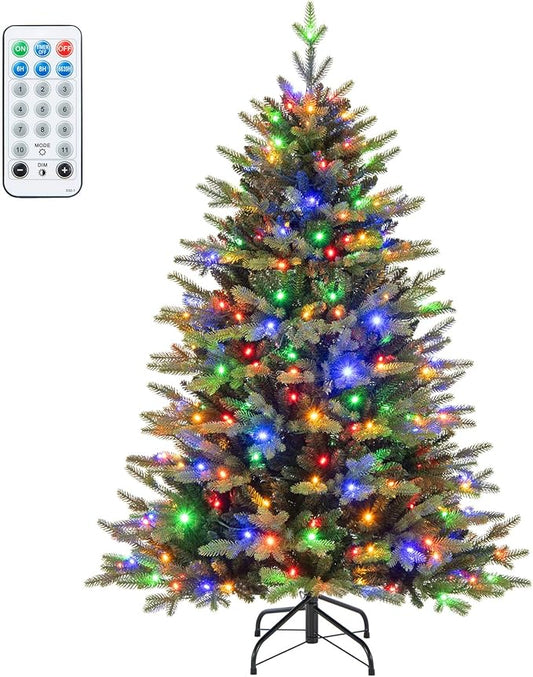 Happygrill 5 FT Pre-Lit Artificial Christmas Tree, Hinged Xmas Tree w/ 844 Branch Tips, 250 LED Lights, 11 Lighting Modes, 3 Auto Timers, 4-Level Brightness & Remote Control, Decoration Tree for Party
