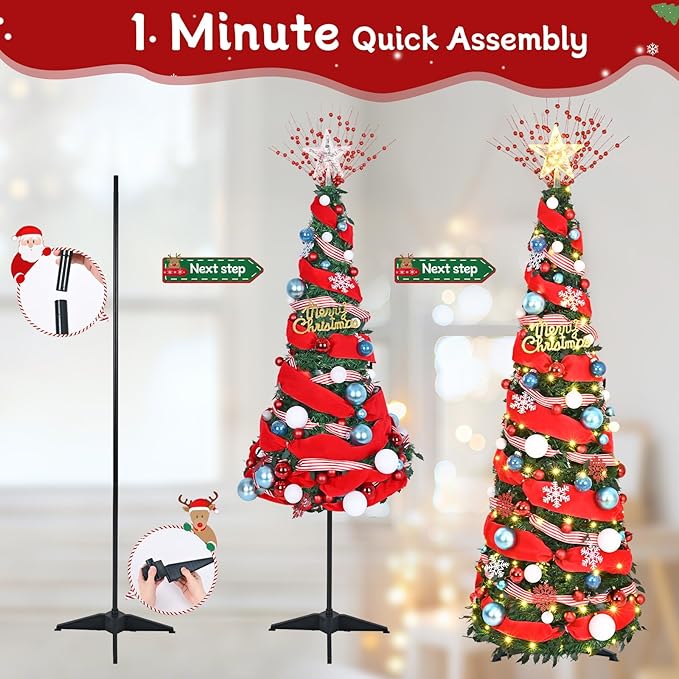 Dolicer 6FT Pop Up Artificial Christmas Tree with Lights & Remote, Collapsible Easy Christmas Tree with 200 Warm White & Colorful LED Lights, Foldable Xmas Tree for Small Space