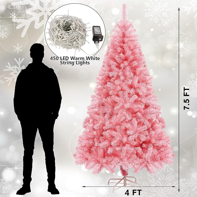 Juegoal 7.5 FT Artificial Christmas Tree (NOT Pre-Strung) with 450 LED Warm White String Lights, Spruce Hinged Tree, 8 Lighting Modes, Fake Xmas Pine Tree with Metal Legs, 1350 Branch Tips, Pink