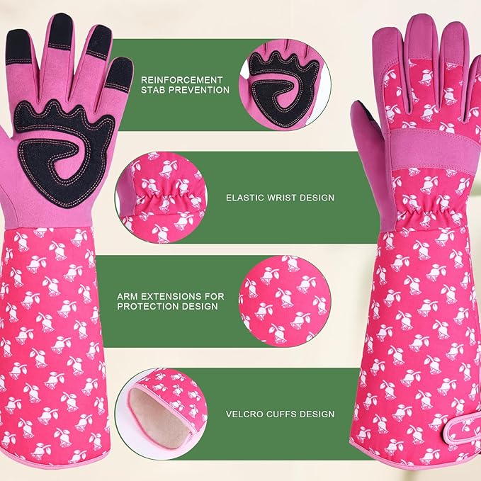 Gardening Gloves for Women - Long Sleeve Thorn Proof Garden Gloves for Yard Work, 1 Pair Long & 1 Pair Short (Pink, Medium)