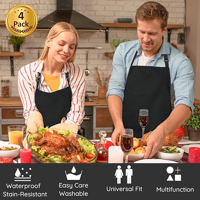 4 Packs Chef Apron, Black Waterproof Apron, Adjustable Aprons with 2 Pockets for Men Women, Professional Aprons for Kitchen Cooking Gardening Painting Baking Restaurant (Black)