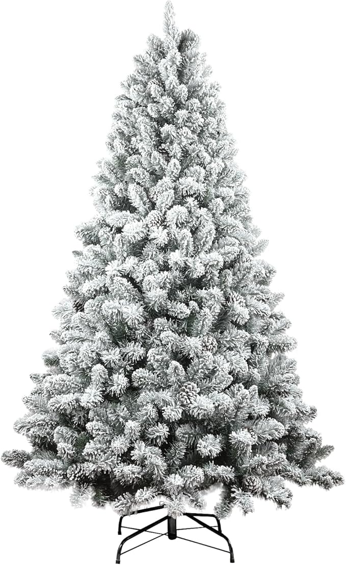 5FT Snow Flocked Artificial Christmas Tree, Unlit Xmas Tree with Pine Cones, 600 Branch Tips, Mini Holiday Christmas Tree with Metal Stand and Hinged Branches