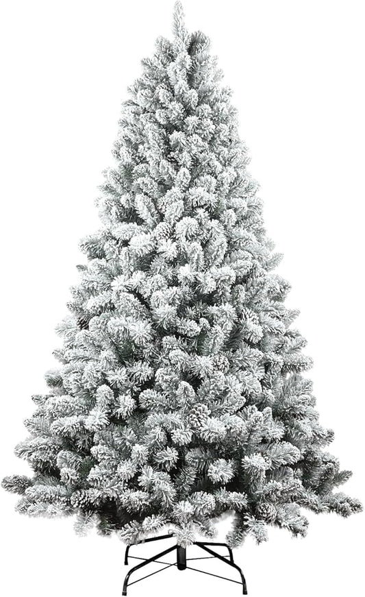 5FT Snow Flocked Artificial Christmas Tree, Unlit Xmas Tree with Pine Cones, 600 Branch Tips, Mini Holiday Christmas Tree with Metal Stand and Hinged Branches