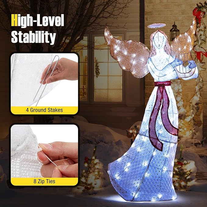 Tangkula 5 FT Outdoor Christmas Lighted Angel, Xmas Yard Pre-Lit Angel with Harp, Halo & 120 Cold White LED Lights, Ground Stakes & Zip Ties Included, Winged Holiday Figure for Indoor & Outdoor