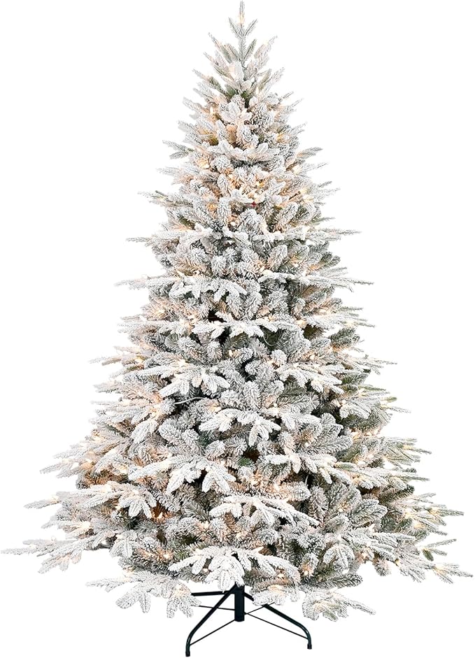 7.5ft Prelit Flocked Artificial Christmas Tree with 3280 PE PVC Tips, Premium Snow Pre-Lit Holiday Xmas Tree with 650 UL Incandescent Lights, Foldable Base for Home Office Part