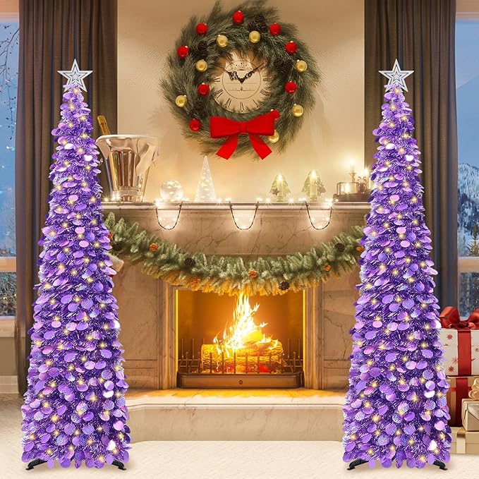HMASYO 6 FT Pop Up Christmas Tree with 100 LED Lights & Remote, Purple Christmas Tinsel Tree, Collapsible Artificial Pencil Tree for Home Office Party Decor, USB Powered Timer Lights, Easy Assembly