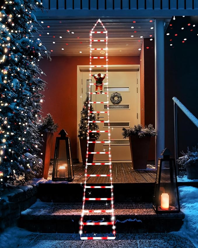 Toodour LED Christmas Lights - 10ft Christmas Decorative Ladder Lights with Santa Claus, Xmas Decorations Light for Indoor Outdoor, Window, Garden, Home, Wall, Xmas Tree Decor - White & Red