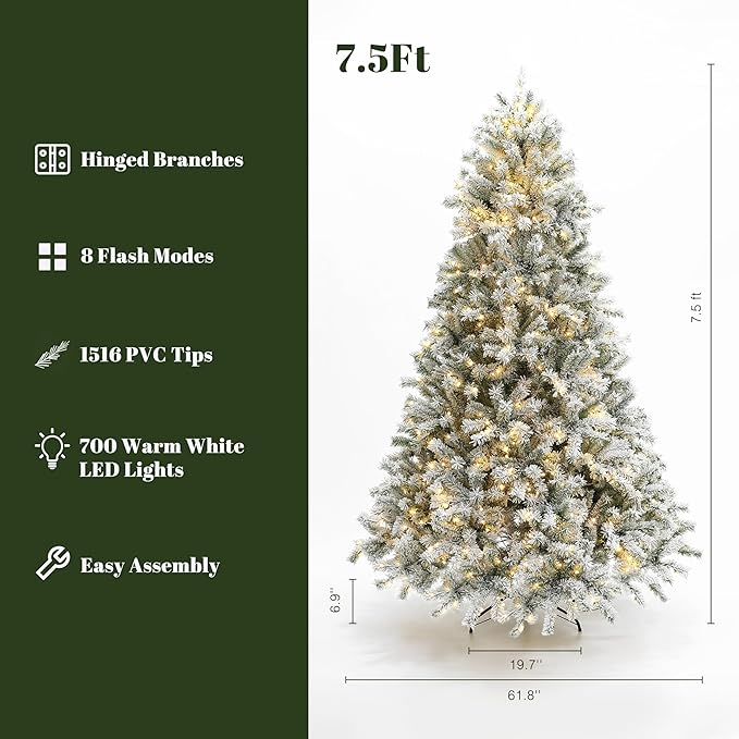 LuxenHome 7.5FT Christmas Tree with Lights, Flocked Artificial Christmas Tree with 8 Lighting Functions, 1516 PVC Tips, 700 Warm White Lights, Prelit Xmas Trees for Indoor and Outdoor Holiday Decor