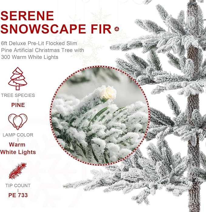 Glitzhome Prelit Christmas Tree, 6ft Flocked Artificial Christmas Tree Serene Snowscape Fir with 300 Warm White Lights for Home, Office, Party Decoration, Metal Hinges & Base, Easy Assembly