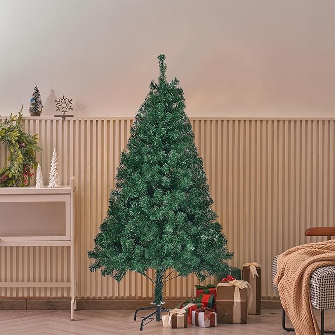 Juegoal 5 FT Artificial Christmas Tree (NOT Pre-Strung) with Remote Control, 200 LED Warm White & Multicolor Changing Lights, Fake Xmas Pine Tree with Metal Legs, 550 Branch Tips, Green