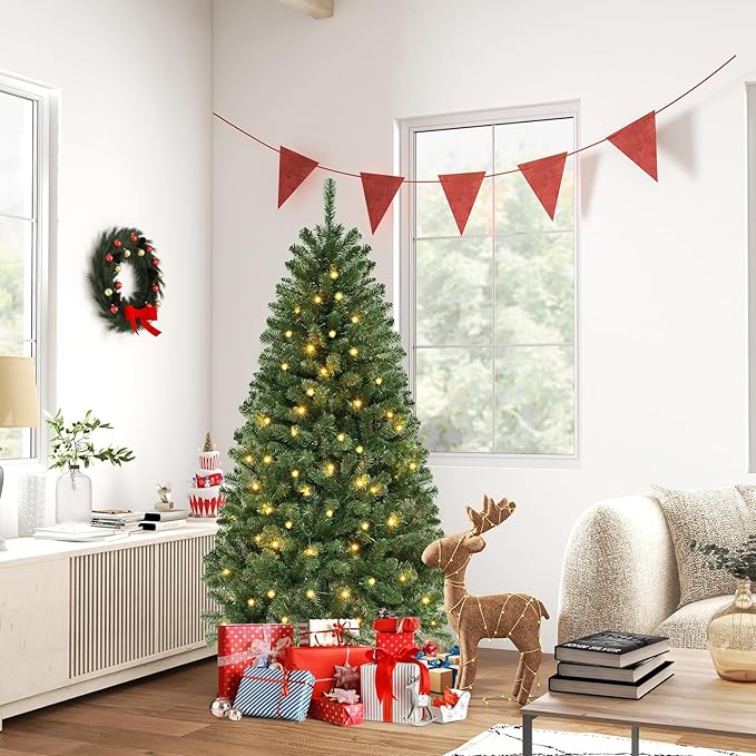 GOFLAME 6FT Prelit Artificial Christmas Tree, Hinged Xmas Tree with 568 Branch Tips, 200 Warm White LED Lights, 8 Lighting Modes, Holiday Decoration Tree for Home Office Party