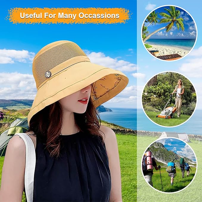 Women Wide Brim Sun Hats Metal Wired Edge Summer UV Protection Beach Fishing Hat for Hiking Garden Travel Chin Strap