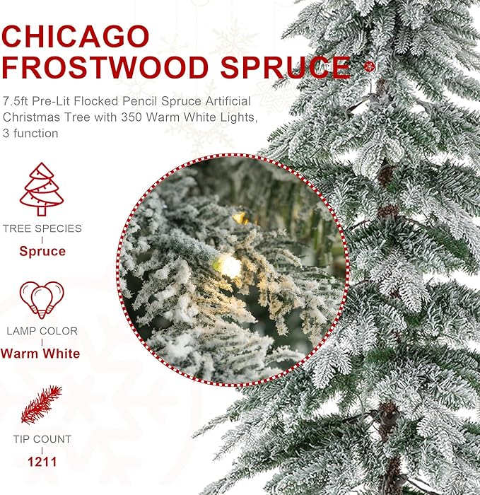 Glitzhome 7.5ft Prelit Christmas Tree, Artificial Christmas Tree with 350 Warm White Lights, Flocked Pencil Christmas Trees Chicago Frostwood Spruce with 1211 PE&PVC Branch Tips,Sturdy Metal Stand