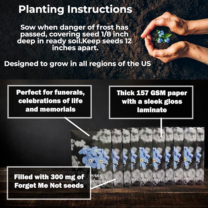 100pc Premium Pre-Filled Forget Me Not Seeds Packets Favors for Funerals, Funeral Decorations, Celebration of Life Decorations, Forget Me Not Seeds Packets, Celebration of Life Ideas, Memorial Cards