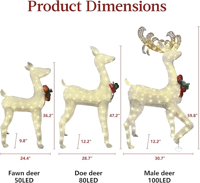 AWQM 3-Piece Lighted Christmas Reindeer, Christmas Deer Family Set with Red Bow, 50+80+100 LED Lights, Indoor or Outdoor Christmas Holiday Decoration for Yards Garden Lawn Patio Light Up Display,White