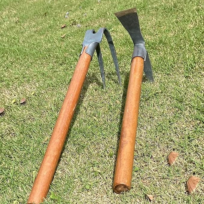 2PCS 19.6 Inches Garden Pick, 2 Prong Hand Hoe Tool Set Garden Tool with Wooden Handle, Transplanting Digging Planting Loose Soil Camping or Prospecting