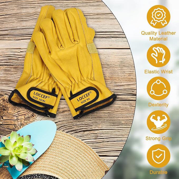 LOCCEF 2 Pairs Leather Work Gloves for Men and Women,Cowhide Leather Gloves Utility Working Gloves
