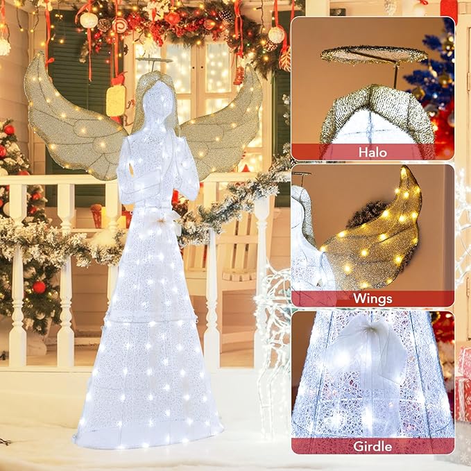 Tangkula 5 FT Lighted Christmas Angel, Light-up Winged Xmas Angel with 150 LED Lights, Zip Ties & Ground Stakes, Pre-Lit 3D Glittered Angel Decoration for Yard, Garden, Lawn & Indoor Display