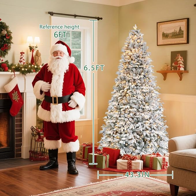 Rotating Flocked Christmas Tree 6.5ft - Prelit Musical Artificial Xmas Tree with Remote Control, 1036 PE & PVC Mixed Tips, 8 Modes 330 Multicolor LED Lights for Holiday Decor