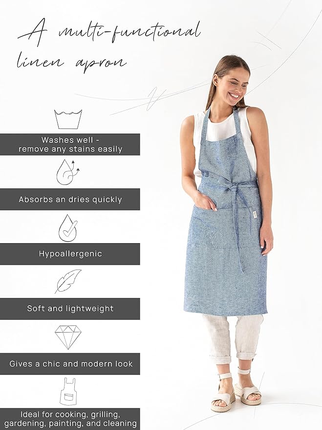 MagicLinen 100% Linen Apron - Cooking, Gardening, Grilling, Painting Apron with Pockets - Perfect for Women and Men