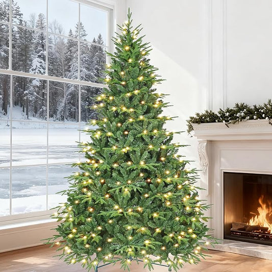 7.5ft Prelit Artificial Christmas Tree with 3348 PE PVC Tips, Premium Pre-Lit Holiday Xmas Tree with 400 UL Incandescent Lights, Metal Hinges & Foldable Base for Home Office Party, Green