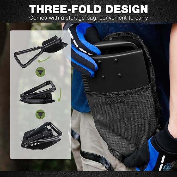 REDCAMP 23" Survival Folding Camping Shovel w/Cover, Manganese Steel Heavy Duty Tactical Shovel with Tri-Fold Handle for Hiking, Beach, Snow, Sand, Mud, Portable Black, 3Lbs