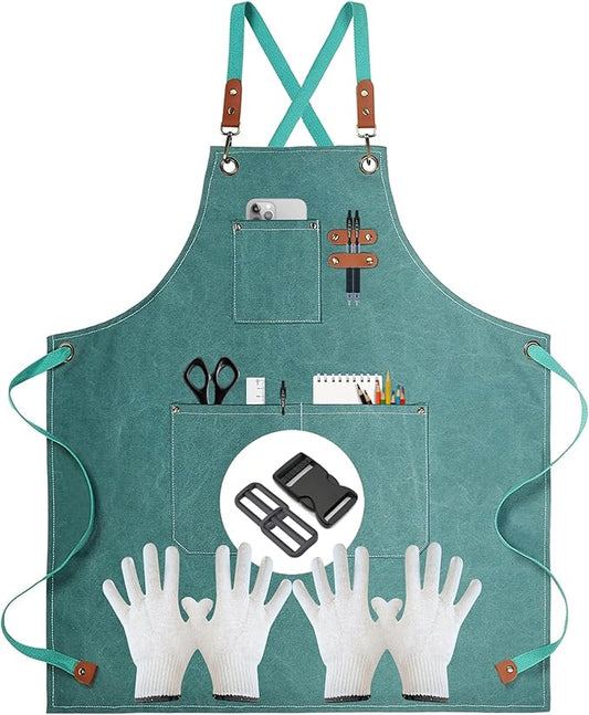 Heavy-Duty Canvas Tool Apron – Adjustable Cross-Back Work Apron with Pockets for Woodworking, Gardening & Crafts