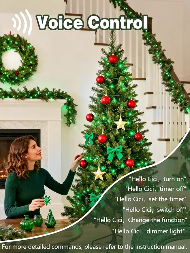 Voice Controlled Christmas Lights with Remote, 99 FT 300 LED String Lights Indoor Outdoor with 12 Modes 3 Timers, Dimmable Twinkle Light Plug in Waterproof for Xmas Tree Yard Party Decorations, Green