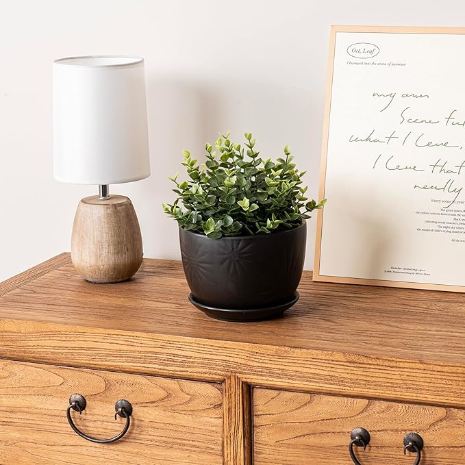 MyGift 7 Inch Round Matte Black Ceramic Plant Pot with Drainage Hole and Attached Saucer, Modern Decorative Embossed Sunburst Planter Container for Indoor Home Garden