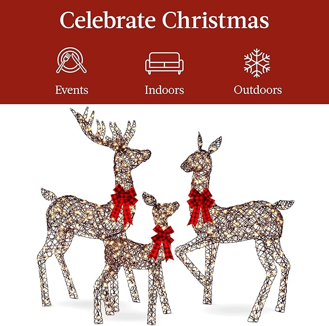 Best Choice Products 6.5ft 3-Piece Large Lighted Christmas Deer Family Set, Outdoor Yard Decoration with 385 LED Lights, Stakes, Zip Ties - Rattan