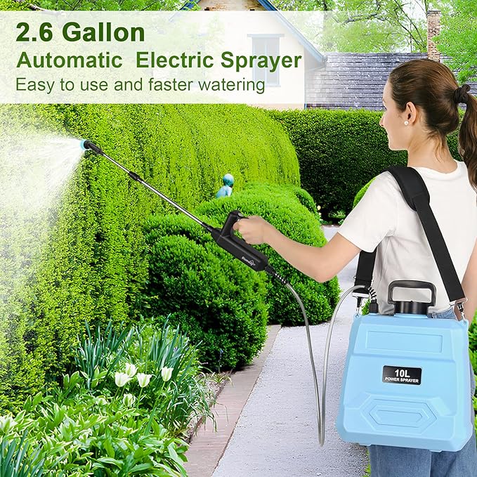 BlumWay Battery Powered Sprayer 2.5 Gallon, 7.4V Powerful Electric Sprayer with 5 Mist Nozzles, Rechargeable Handle, Retractable Wand,Adjustable Shoulder Strap for Lawn,Garden