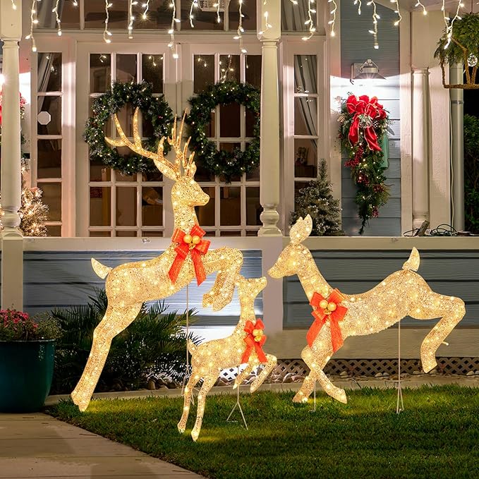 3-Piece Lighted Reindeer Christmas Decoration with 210 Warm White LED Lights, 5FT 3D Glittered Christmas Deer Family Set Outdoor Decorations, Plug in Deer Decor for Lawn Yard Patio Garden