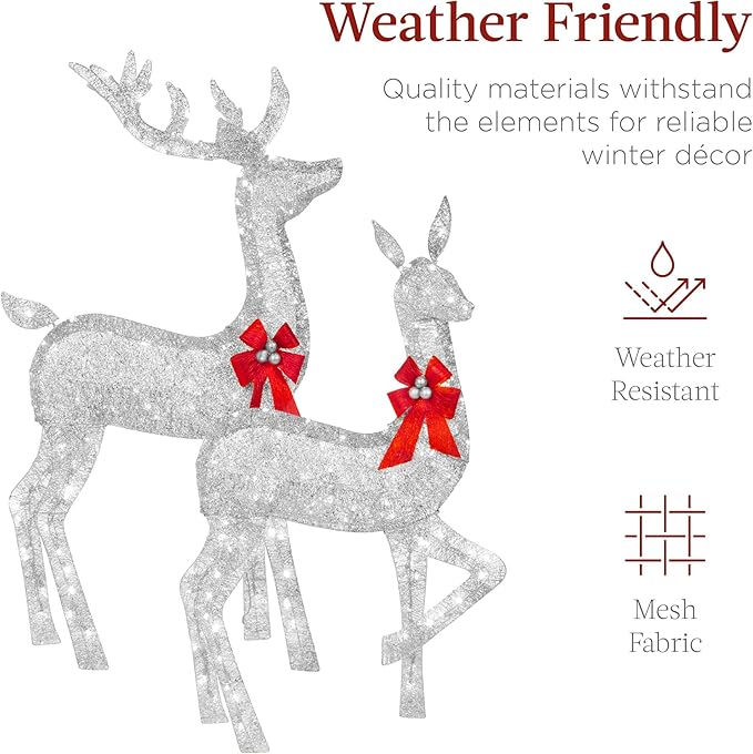 Best Choice Products 3-Piece Large Lighted Christmas Deer Family Set 5Ft Outdoor Yard Decoration with 360 LED Lights, Stakes, Zip Ties - Silver