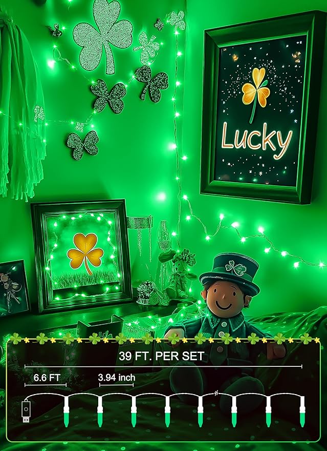 Minetom St. Patrick's Day Green String Lights - 39 Feet 100 LED Mini Green Lights with Remote, USB Operated Waterproof Tree Lights for Indoor Outdoor Garland Wreath Home Garden Holiday Party Decor