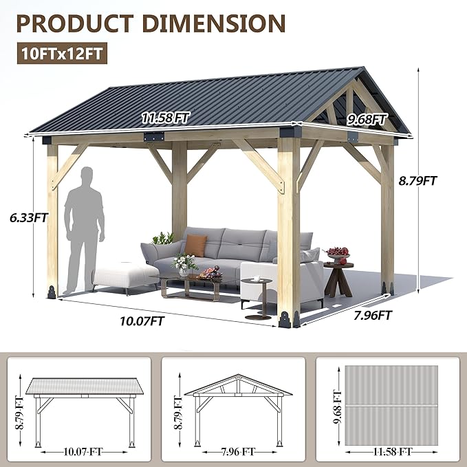 Wood Gazebo 10'x12', Cedar Wooden Gazebos, Outdoor Hardtop Gazebo with Waterproof Steel Roof, Fit Patio, Backyard, Garden, Lawns, Porch