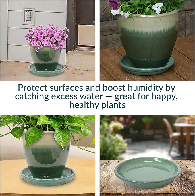 Sunnydaze 7-Inch Ceramic Plant Saucers - Plant Drip Trays for Outdoor Planter Flower Pot Drainage - Set of 2 - Seafoam