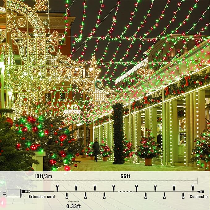 66FT 200 LED Christmas Lights Outdoor, Plug in Christmas String Lights Indoor, Waterproof & 8 Modes & Timer Function, Connectable Fairy Twinkle Light for Bedroom Classroom Wedding Decor, Red Green