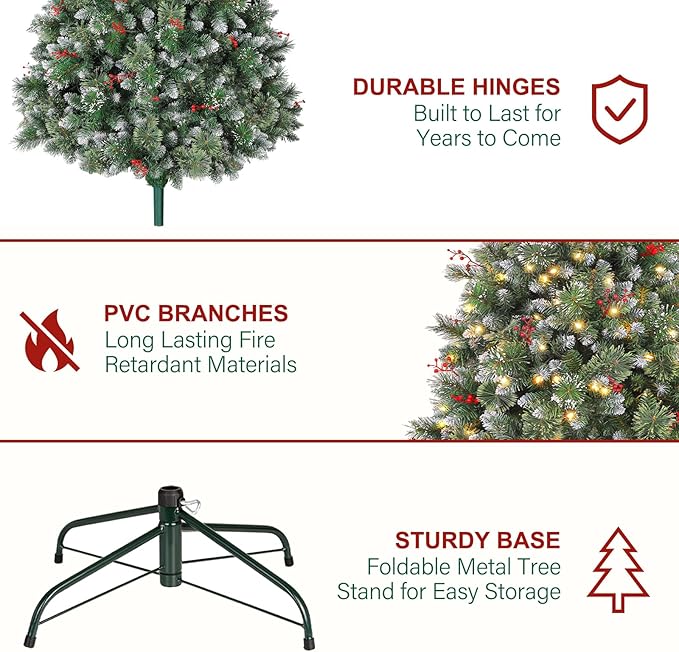 Hykolity 7.5 ft Prelit Snow Flocked Christmas Tree, Partially Frosted Xmas Pine Tree with Red Berries, 350 Warm White Lights, 1372 PVC Branch Tips, Metal Stand and Hinged Branches
