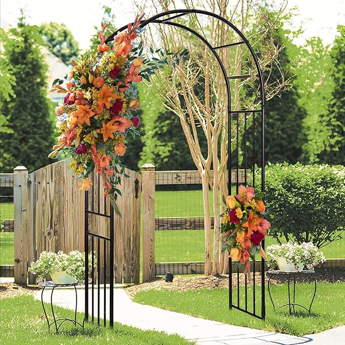 LDAILY Moccha Garden Arch Arbor Trellis, 7.2Ft Outdoor Steel Arbor with Stakes, Metal Archway for Climbing Plants, Wide Sturdy Garden Arch for Lawn, Party, Ceremony Wedding Decoration, Black