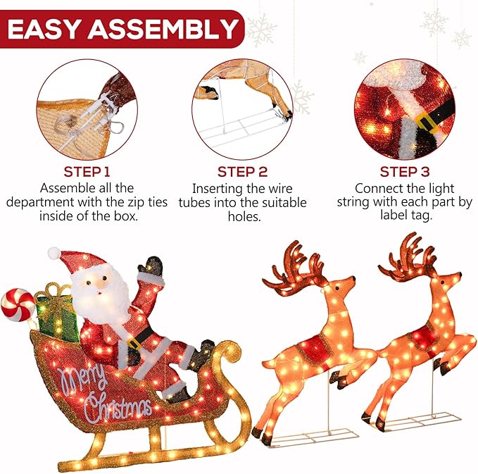 Hykolity 2.5D Santa Sleigh Ride Iron Outdoor Christmas Decoration, 170 Warm White LEDs with UL Transformer, Stained-Glass Fabric Figures Yard Decor
