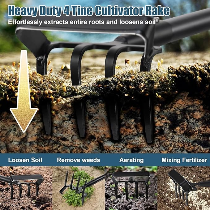 Garden Hoe Tool - Heavy Duty 2 in 1 Hula Scuffle Hoes with Cultivator Tiller for Weeding Grass,Loosening Soil,Sharp Blade,36-60” Long Handle,Push Pull Action Hoe with Scraper Rake for Gardening