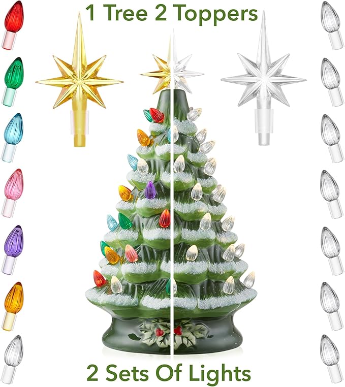 Casafield Hand Painted Ceramic Christmas Tree, Green Snow Flocked 12-Inch Pre-Lit Tree with 100 Multi Color Lights and 2 Star Toppers
