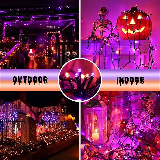 LYHOPE Orange & Purple Halloween Lights, 72ft 200 LED Battery Operated Halloween String Lights with 8 Modes, Waterproof Battery String Light for Outdoor & Indoor, Patio, Lawn, Yard, Holiday Decor