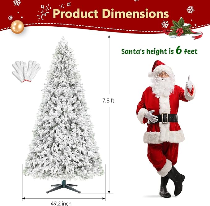 Pre-Lit Artificial Christmas Tree, 7.5FT Snow Flocked Full Appearance Pine Xmas Tree with Rotating Metal Stand, 470 Warm & Multi-Color LED Lights with Music Function for Holiday Decoration