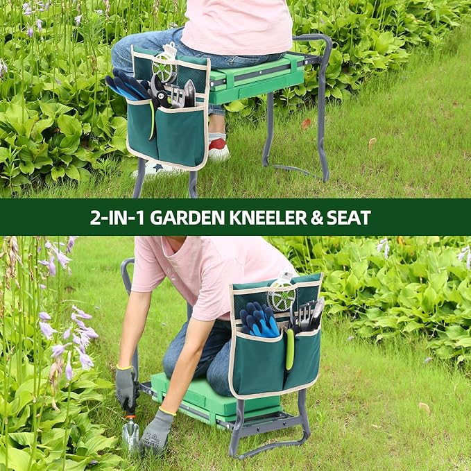 Ohuhu Garden Kneeler and Seat: Upgraded Widened Gardening Stool with Detachable Soft Kneeling Pad, Foldable Garden Bench Heavy Duty with Large Tools Bag and Pouch, Gifts for Women Men Seniors Gardener
