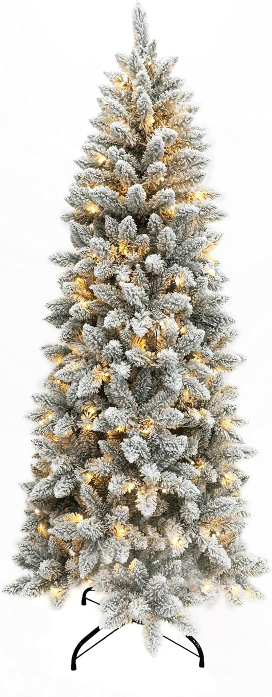 Senjie Prelit Snow Flocked Pencil Christmas Tree, Slim X-mas Tree with LED Lights,Folding Metal Stand, Perfect for Holiday Indoor Décor 7FT