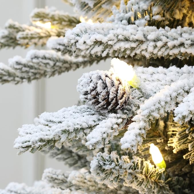 LuxenHome 7.5FT Flocked Christmas Tree, Slim Pencil Christmas Tree Pre-lit with 350 Warm White LED Lights, Lighted Artificial Christmas Trees with Stand for Indoor, Outdoor Holiday Decorations