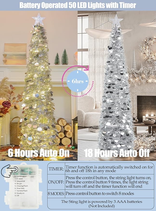 HMASYO 5 FT Pop Up Christmas Tree with Timer Lights, Silver Christmas Tinsel Tree, Collapsible Artificial Pencil Christmas Tree for Indoor Home Apartment Porch Holiday Party Decorations