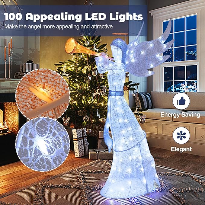 Tangkula 5 FT Christmas Angel with Trumpet, Outdoor Xmas Pre-Lit Angel with Halo, Wings & 100 LED Lights, Ground Stakes & Zip Ties Included, Lighted Winged Holiday Figure for Home, Yard